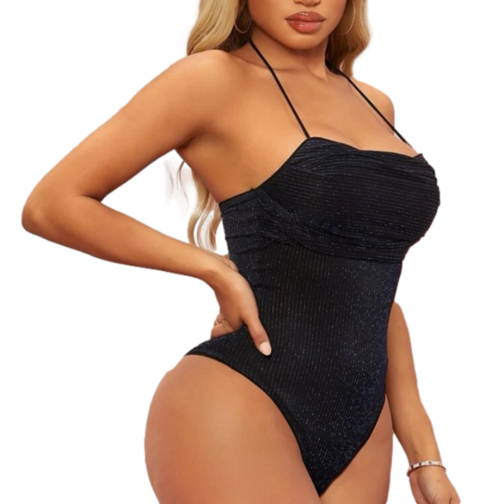 Tied Backless Ruched Glitter Halter Neck Bodysuit